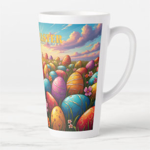 Caneca De Café Latte Feliz Páscoa Ovos Coloridos na Primavera Prado