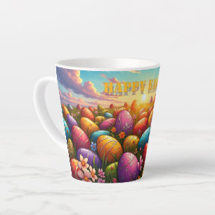 Caneca De Café Latte Feliz Páscoa Ovos Coloridos no Prado de Primavera