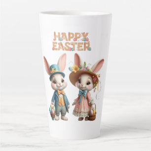 Caneca De Café Latte Felz pascoa branco, com 2 coelhos