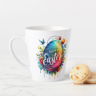 Caneca De Café Latte Felz pascoa: Ovo de Páscoa de Aquarela Vibrante