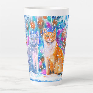 Caneca De Café Latte Feriado de Natal com Aquarela Cats