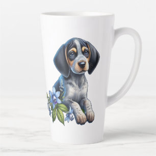 Caneca De Café Latte Filhote de Cão de Caça com Marcas Azuis com Flores