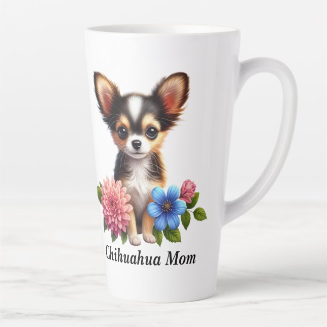 Caneca De Café Latte Filhote de Chihuahua com Flores Decorativas (Direita)