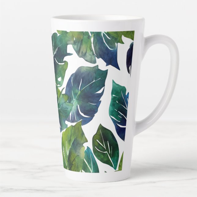 Caneca De Café Latte Filodendron Botânico de Folhagem Verde e Azul (Direita)