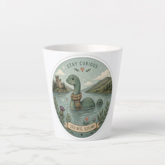 Caneca De Café Latte Fique Curioso Aconchegante Críptido Nessie Monstro (Frente)