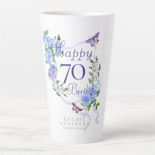Caneca De Café Latte Fita de Rosa Azul Aniversário de 70 anos