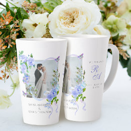 Caneca De Café Latte Fita de Rosa Azul Monograma Foto Casamento