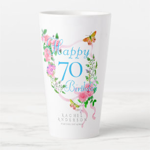 Caneca De Café Latte Fita de Rosa Rosa Aniversário de 70 anos