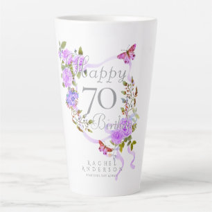 Caneca De Café Latte Fita de Rosa Roxa 70º Aniversário