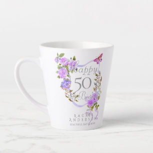 Caneca De Café Latte Fita de Rosa Roxa Aniversário de 50 anos