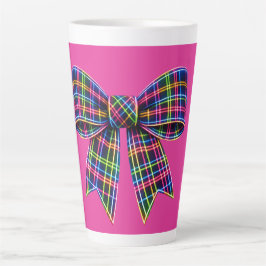 Caneca De Café Latte Fita Xadrez Arco Neon Rosa Escocesa Fofa