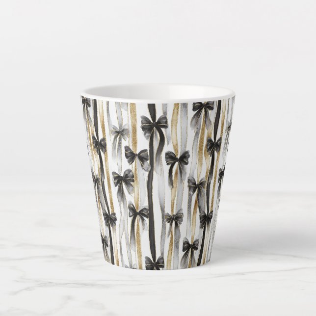 Caneca De Café Latte Fitas e Laços Glamurosos Dourados Prateados Pretos (Frente)