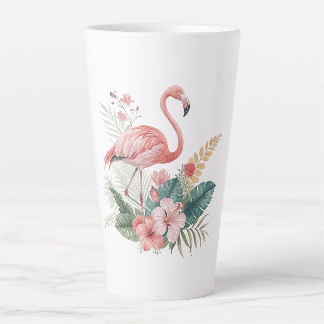 Caneca De Café Latte Flamingo Com Flores (Frente)