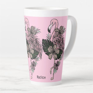 Caneca De Café Latte Flamingo Cor-de-Cor e Nome Personalizado