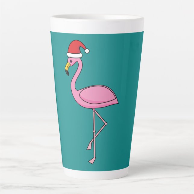 Caneca De Café Latte Flamingo de Natal com Chapéu de Papai Noel (Frente)