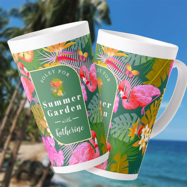 Caneca De Café Latte Flamingo Garden Dark Green (Flamingo Garden Dark Green Latte Mug.)