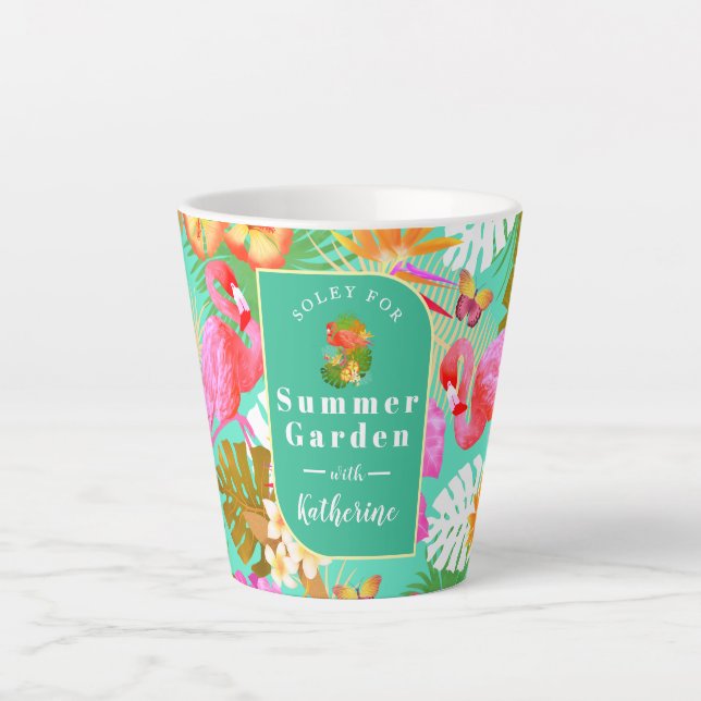 Caneca De Café Latte Flamingo Garden Teal (Frente)