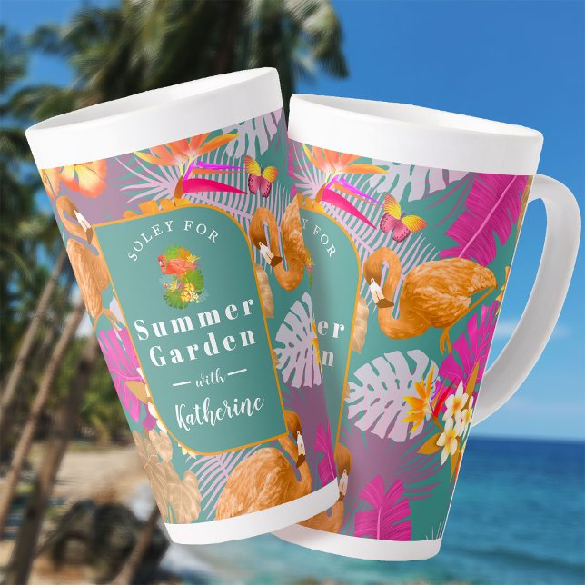 Caneca De Café Latte Flamingo Garden Turquoise (Flamingo Garden Turquoise Latte Mug.)