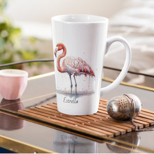 Caneca De Café Latte Flamingo Radiance: Aquarela tropical, personalizaç