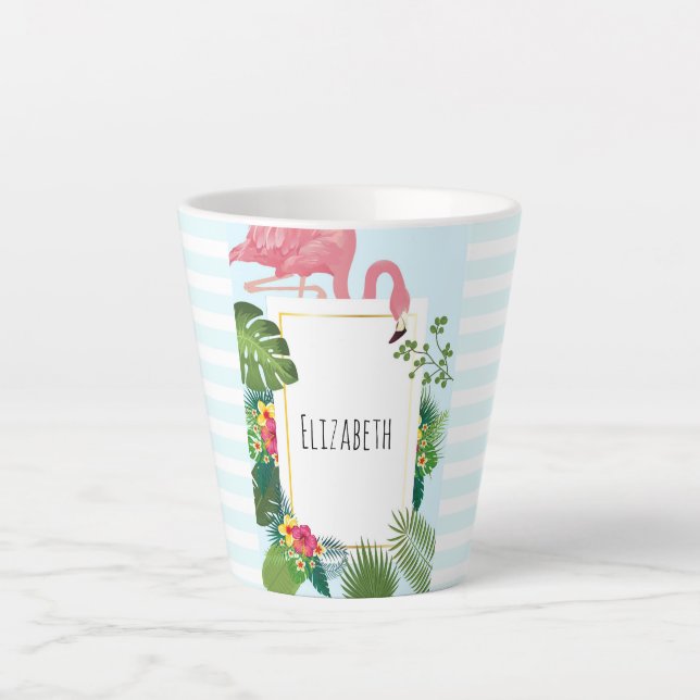 Caneca De Café Latte Flamingo Rosa na moda e Folhas Tropicais (Frente)