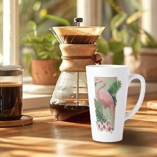 Caneca De Café Latte Flamingo Rosa Tropical Folhas de Palma Verde Lírio