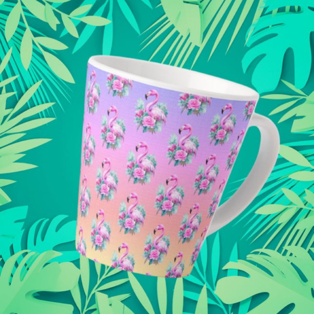 Caneca De Café Latte Flamingo Rosa Tropical Sunset (Small latte mug, tropical sunset and flamingos)