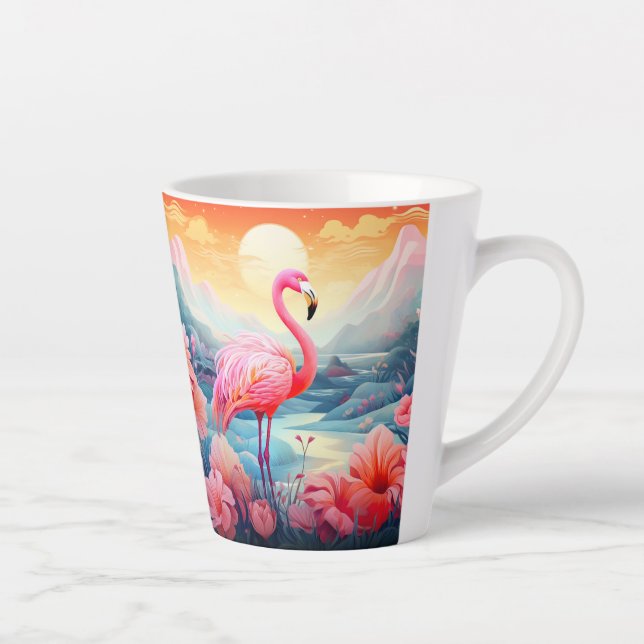 Caneca De Café Latte Flamingo Tropical com Flores (Direita)