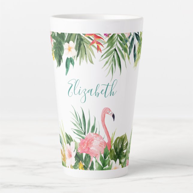 Caneca De Café Latte Flamingo Tropical de Aquarela Grande (Frente)
