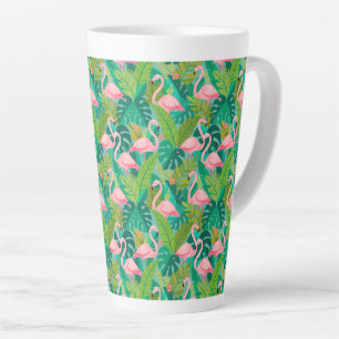 Caneca De Café Latte Flamingos Rosa Tropical Folhagem da Selva