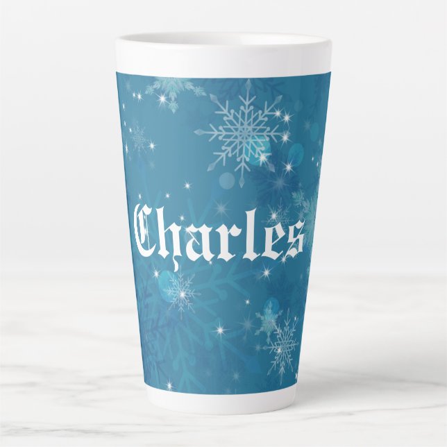 Caneca De Café Latte Flocos de neve azuis de inverno personalizados (Frente)