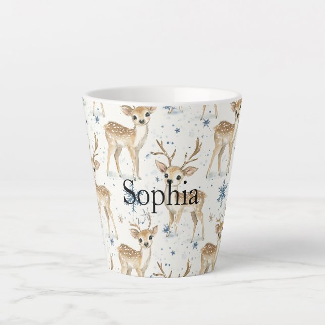 Caneca De Café Latte Flocos de Neve de Natal Azul Cervos Doces (Frente)