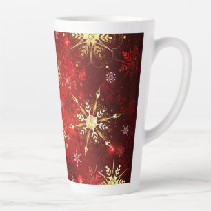 Caneca De Café Latte Flocos de neve do Ouro de Natal em Fundo Vermelho