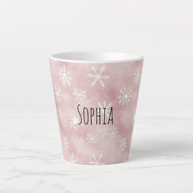 Caneca De Café Latte Flocos de Neve Rosa Branca Natal (Frente)