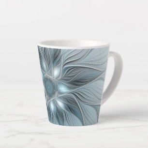 Caneca De Café Latte Flor Abstrata Alegre Azul Cinza Fractal Floral