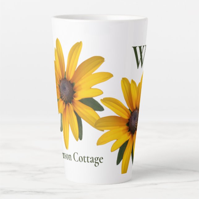 Caneca De Café Latte Flor Amarelo Moderna Simples Susan Negra (Frente)