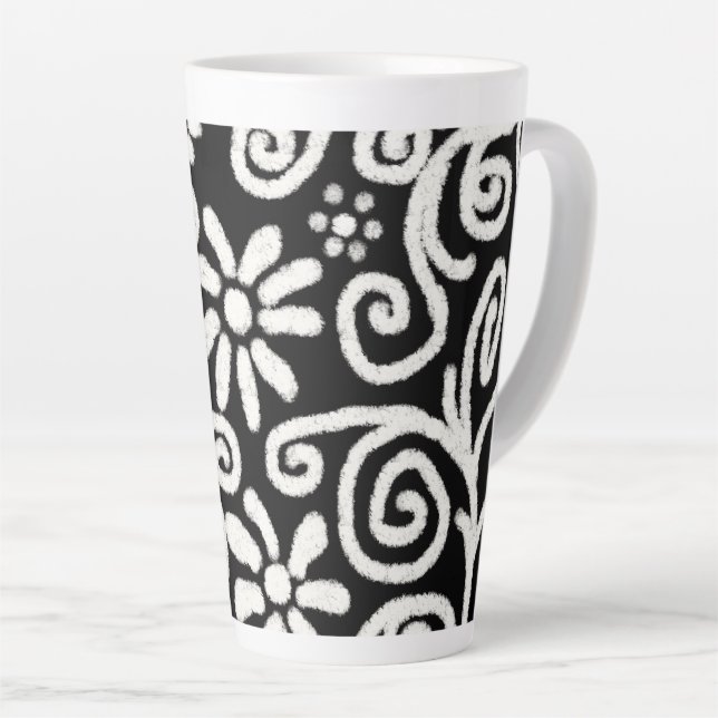 Caneca De Café Latte Flor branco preto e espirros Flores Flores (Ângulo direito)