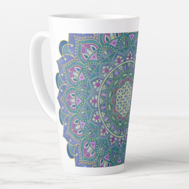 Caneca De Café Latte Flor Da Vida - Estilo De Mandala Índia 1 (Ângulo esquerdo)