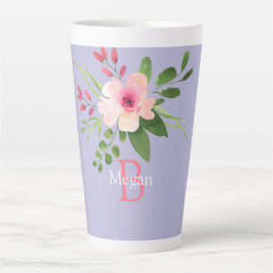 Caneca De Café Latte Flor de Aquarela, Nome e Monograma em Lavanda