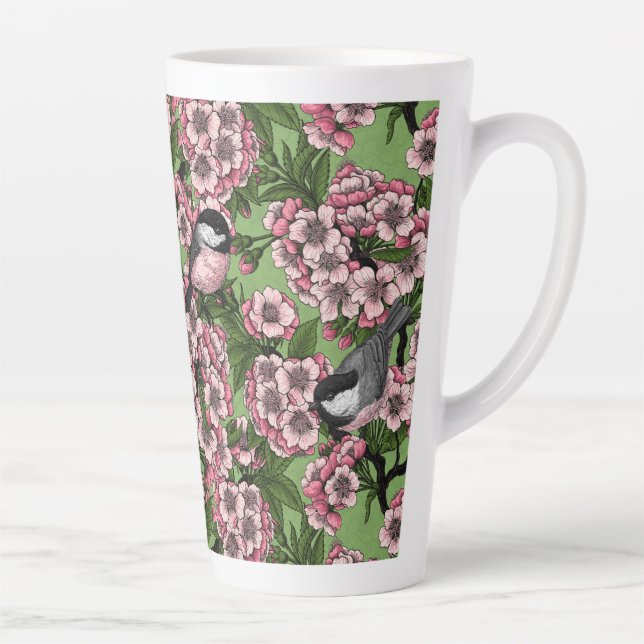 Caneca De Café Latte Flor de cereja e galinhas em verde (Direita)