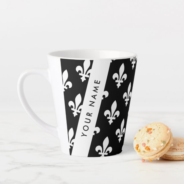 Caneca De Café Latte Flor de Lis, Branco sobre Preto, Branco, Seu Nome (In Situ)