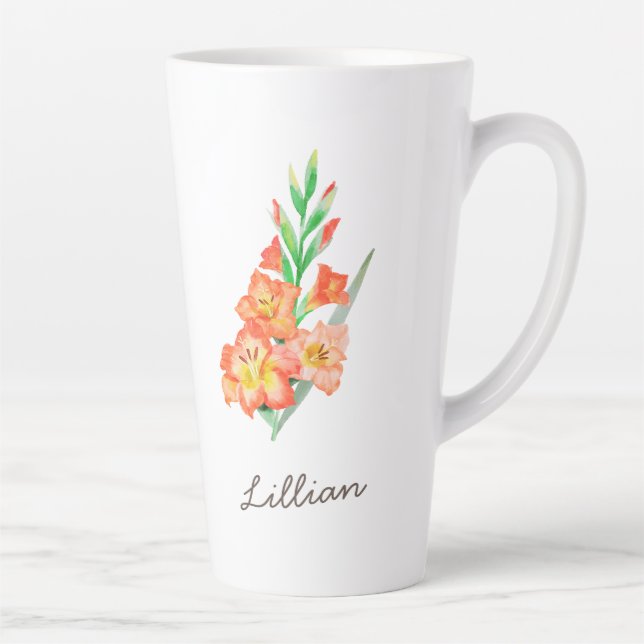 Caneca De Café Latte Flor do Mês de Nascimento de Gladiolus para agosto (Direita)