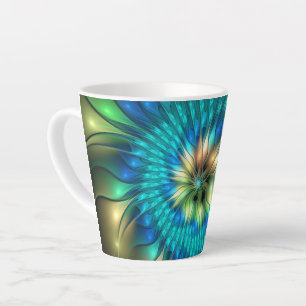 Caneca De Café Latte Flor Fantasia Luminosa, Fractal Abstrato Colorido