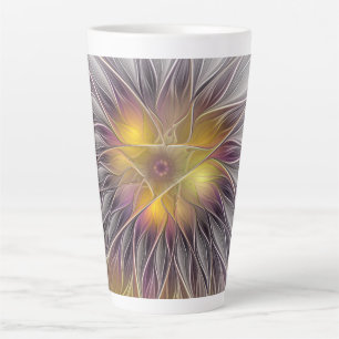 Caneca De Café Latte Flor Luminosa Colorida, Fractal Moderno Abstrato