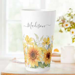 Caneca De Café Latte Flor Monograma Amarelo Flor Girassol Botânico