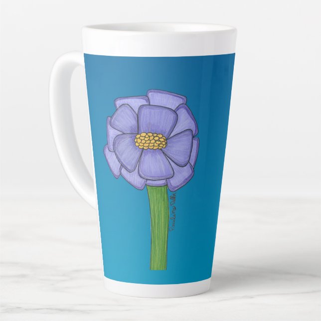 Caneca De Café Latte Flor quadrada roxa com fundo azul (Ângulo esquerdo)