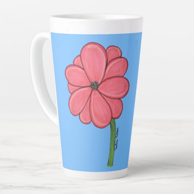 Caneca De Café Latte Flor Rosa Cheia com Fundo Azul (Ângulo esquerdo)