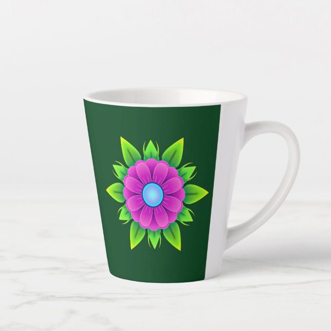 Caneca De Café Latte Flor rosa com folhas verdes-23857 (Direita)