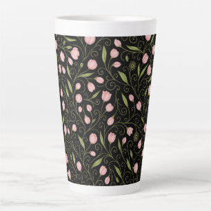 Caneca De Café Latte Flor rosa e branca a preto com padrão repetitivo