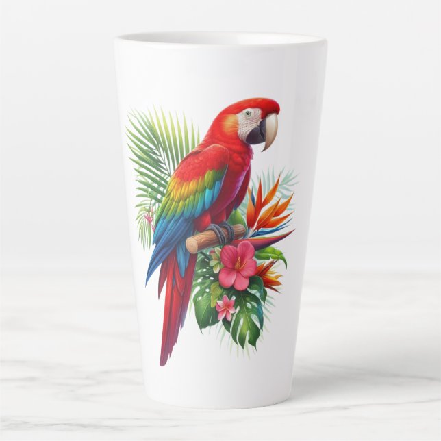 Caneca De Café Latte Flor tropical de arara vermelha (Frente)