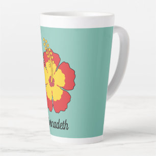 Caneca De Café Latte Flor Tropical de Red Hibiscus   Adicione seu nome